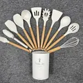 11-piece white silicone kitchen utensil set with natural wooden handles and holder - 11-Piece Collection With Holder / Pink