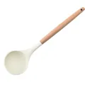 Cream white silicone soup ladle with natural wooden handle for non-stick cookware - Soup Spoon