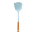 Light blue silicone kitchen spatula with ergonomic natural wooden handle for non-stick pans - Spatula