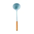 Light blue silicone soup ladle with ergonomic wooden handle for non-stick cookware - Soup Spoon
