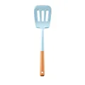 Light blue silicone slotted spatula with ergonomic natural wooden handle for cooking - Slotted Spatula