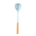 Light blue silicone pasta server featuring a natural wooden handle with hanging hole. - Pasta Server