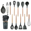 12-piece dark grey silicone kitchenware set with wooden handles and storage bucket - 12pcs Set / Dark Gray