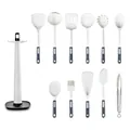 Set di 13 utensili da cucina in silicone bianco e blu navy con pratico supporto di stoccaggio - Set di 12 (Confezione a Colori) / Bianco Blu Contrasto
