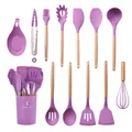 Comprehensive 12-piece purple silicone kitchen utensil set with natural wooden handles - 12pcs Set / Purple