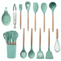 12-piece mint green silicone kitchen utensil set with natural wooden handles and bucket - 12pcs Set / Aqua Green