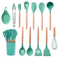 12pcs mint green silicone kitchen utensil set with natural wooden handles and bucket - 12pcs Set / Forest Green