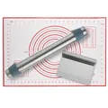 Complete 3-piece 430 stainless steel rolling pin set with bench scraper and silicone baking mat - Red Mat 3-Piece Set / Silver