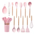 12-piece pink silicone kitchen utensil set with wooden handles and storage bucket - 12pcs Set / Pink