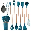 12-piece dark teal silicone kitchen utensil set with heat resistant wooden handles - 12pcs Set / Dark Blue