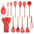 12pcs red silicone kitchen utensil set with natural wooden handles and spoon rest - 12pcs Set / Red