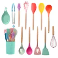 12-piece colorful silicone kitchen utensil set with wooden handles and storage holder - 12pcs Set / Colorful