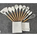 Premium 12-piece white silicone kitchen utensil set with wooden handles and storage bucket - Cream