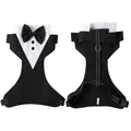 Detaillierte Vorder- und Rückansicht eines formalen Hunde-Tuxedo-Geschirrs mit Fliege - S / Harness Only (Tuxedo) / Schwarz