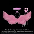 Ensemble ailes d'ange en plumes roses avec auréole et baguette pour spectacle enfant - Ensemble Ailes Serre-Tête Baguette / S / Rose