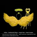 Set ali d'angelo gialle con aureola e bacchetta a cuore per cosplay - Taglia S / Set Ali a Forma di Rondine + Cerchietto da Angelo + Bacchetta Magica / Giallo