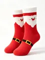 Nahaufnahme festlicher Weihnachts-Wadenstrümpfe mit Weihnachtsmann-Gesicht und Gürtelmuster - Größe 33-46 / Rot-Weißer Weihnachtsmann-Gürtel (10)