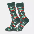 Close-up of festive green crew socks with holiday red car and Christmas tree pattern design - Size 33-46 / Dark Green Christmas Car (23)