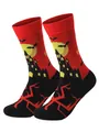 Detailed view of Halloween mid-calf socks featuring a spooky castle and moon design. - 46-50 / Bright Red (Castle Bat)