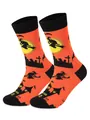 Macro detail of Halloween crew socks featuring witches and haunted house patterns - 46-50 / Orange Castle