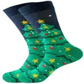 Festive green mid-calf socks with Christmas tree pattern for men and women holiday gift - One Size (37-46) / Green