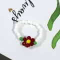 Bohemian style handmade flower beaded ring featuring white seed beads and red petals - White with Red Flower (Style 2)
