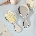 Mini portable silver electroplated cushion hairbrush for kids with soft massage bristles - Electroplated Silver (Yellow Cushion)