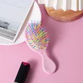 Portable mini pink air cushion hairbrush with vibrant colorful rainbow massage bristles - Pink (Rainbow Pins)