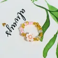 Vibrant handmade colorful beaded flower ring in bohemian dopamine style for daily wear - Yellow Pink White Mixed with White Flower (款式23)