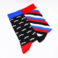 Detail of asymmetrical cotton crew socks with mustache and colorful stripe patterns - One Size / Mustache & Stripe Pattern(2)