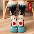 Thickened Christmas floor socks with navy blue reindeer pattern and fleece lining - One Size / Navy Blue