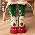 Thickened green Christmas floor socks with plush reindeer pattern and warm lining - One Size / Green