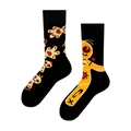 Detail view of creative asymmetric black crew socks with cartoon voodoo doll pattern - One Size / Rag Doll
