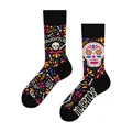 Detailed view of colorful sugar skull and bone patterns on knitted black crew socks - One Size / Floral Skull