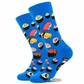 Detailed view of vibrant blue crew socks featuring fun cartoon sushi patterns - Sushi Style / Sky Blue