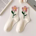 Women's cream cotton crew socks with 3D pink tulip flower design in sweet Japanese style - Individual OPP Bag / White