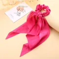 Elegant solid fuchsia satin hair scrunchie with long streamers for women ponytails - Rose Red