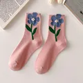 Pink cotton crew socks featuring a 3D blue tulip flower pattern for a sweet look - Individual OPP Bag / Pink