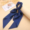 Elegant navy blue satin ribbon scrunchie for stylish women's ponytail hair accessory styling - Navy Blue