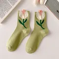 Sweet green crew socks featuring a 3D tulip floral design in soft knitted cotton - Individual OPP Bag / Green