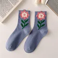 Japanese style sweet blue cotton crew socks with cute pink tulip flower pattern for women - Individual OPP Bag / Blue