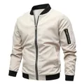Detail shot of men's beige bomber jacket with black ribbed collar and sleeve zipper pocket - 6XL / Tops / Off White