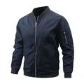 Detailed view of navy blue men's bomber jacket featuring ribbed collar and arm zipper. - 6XL / Tops / Dark Blue