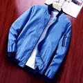 Stylish blue lightweight men's bomber jacket featuring black ribbed collar and utility sleeve pocket - 6XL / Tops / Sky Blue