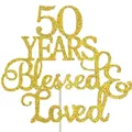 Gold glitter 50 Years Blessed & Loved cake topper for 50th birthday party decoration - 50 Years Old