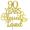 Χρυσό glitter cake topper 90 YEARS Blessed & Loved για πάρτι 90ων γενεθλίων - 90 ετών