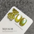 Yellow cat-eye nail art set with transparent bear charm and aurora moonlight powder finish - Yellow-Green (XQ116-M)