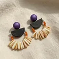 Unique vintage style earrings featuring purple studs and cream shell fans on linen fabric - Purple Round Wooden Stud Earrings (2608218B) / Purple