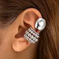 Silver-toned layered bead and smooth geometric non-pierced ear cuff set for women - Polished Bead Ear Cuff (K-1188) / Silver