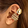 Elegant gold-tone copper beaded and smooth square ear cuffs for non-pierced ears jewelry - Polished Bead Ear Cuff (K-1189) / Gold